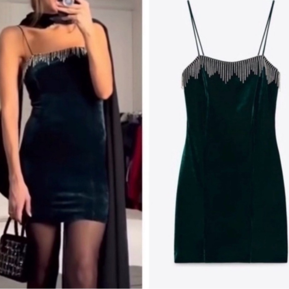 Zara Dark Emerald Velvet Mini Dress with Rhinestone Trim
